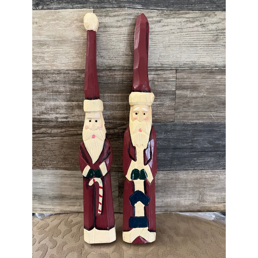 Vintage Hand Carved Wood Santa Claus Figurines Set of 2 Folk Art Christmas Decor